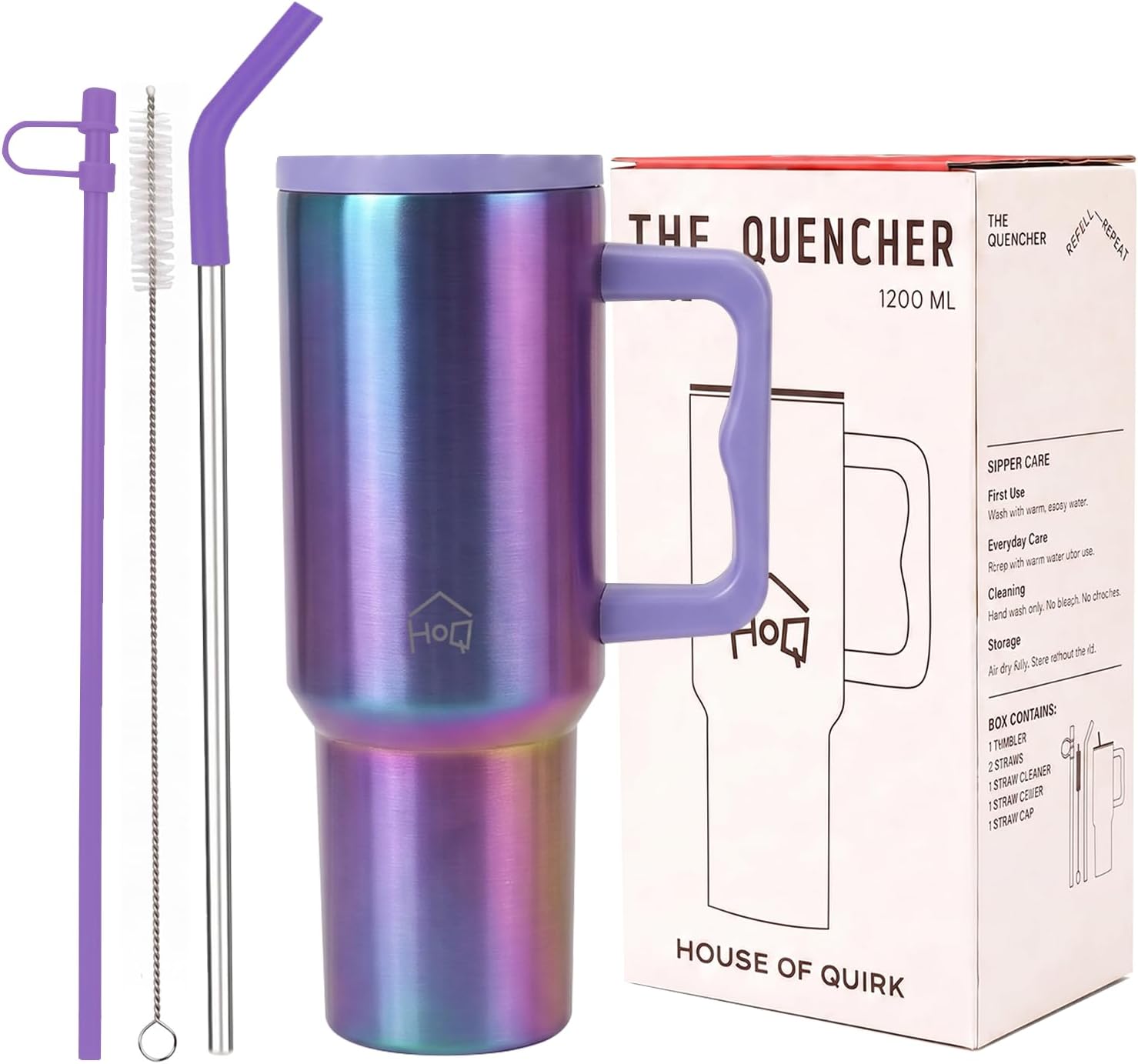 House of Quirk 1200ML Stainless Steel Tumbler with Handle & Lid, 2 Straws โ Large Travel Mug Water Cup for Gym, Office & Outdoor Use (Aurora Prism)