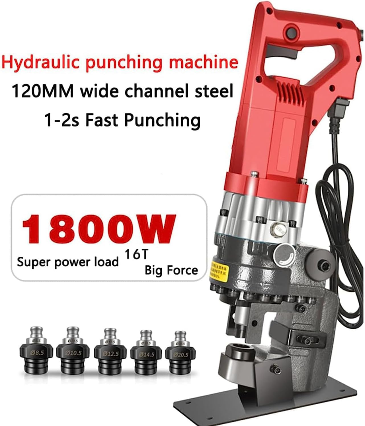 Hydraulischer Locher, 1800 W, elektrischer hydraulischer Locher, Metalllocher mit 5 Sätzen Stempel/Matrize, Durchmesser 8,5 mm – 20,5 mm, zum Stanzen in Stahl, Eisen, Aluminium, Kupfer, Kana