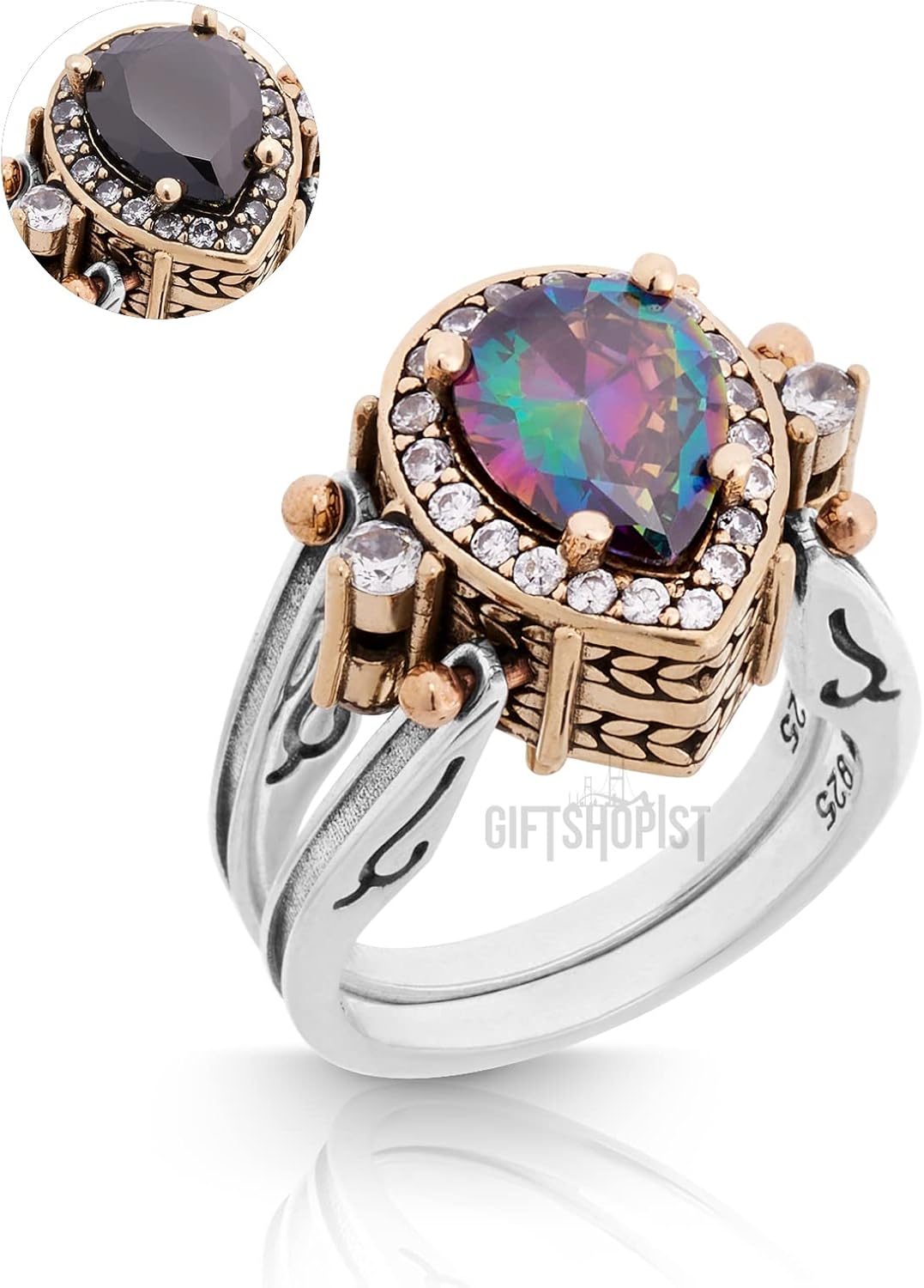 Elegant Reversible 925 Sterling Silver Ring for Women Jewelry - Handcrafted in Turkey, Featuring Drop Shape Pear Cut Shiny Alexandrite and Black Onyx Topaz 925 Sterling Silver Ring Size All