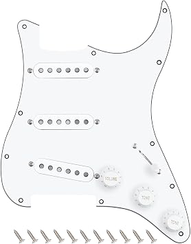 Banworks 3Ply Loaded SSS Pickguard Vintage Hot F 50s Tones Prewired Strat Pickguard with Staggered Alnico 5 Fiber Bobbin SSS Single Coil Pickups for Fender Stratocaster ST Strat JT/HBZC-02 White