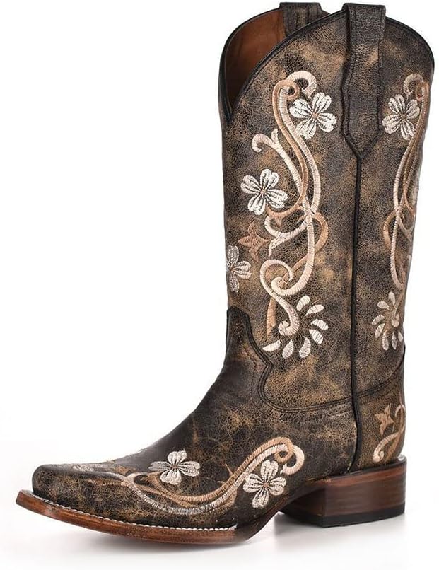 Corral Boots Womens Distressed Embroidered Snip Toe Casual Boots Mid Calf Low Heel 1-2" - Black