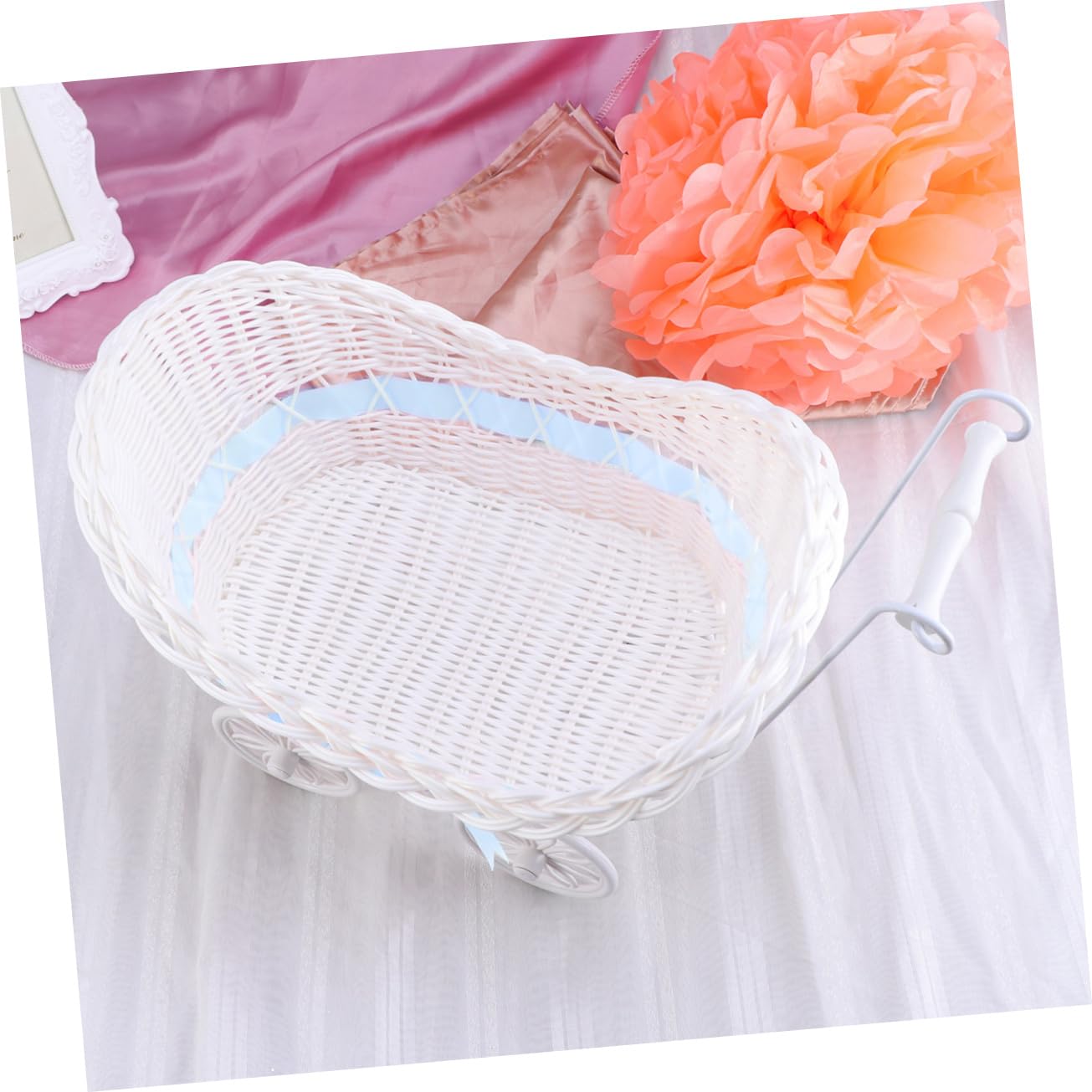 PRETYZOOM 1pc Cane Tricycles Rattan Stroller Ornament Flower Basket for Home Wedding Shower Birthday Decor Blue Knitted Craft Present