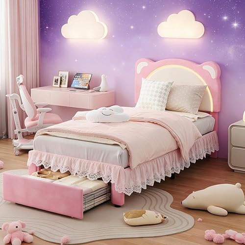 IDEALHOUSE Twin Size LED Bed Frame with Storage Drawers,Adjustable Headboard with Cute Bear Design,Soft Velvet Fabric Bed Frame for Kids,Solid Wood Slat Support,Noise-Free,Easy Assembly,Pink