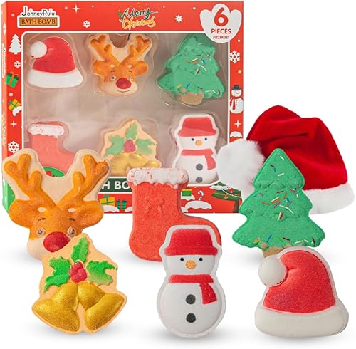 Bombas de baño de Navidad para niños con sombrero de Papá Noel, paquete de 6 bombas de baño naturales hechas a mano de burbujas, gran juego de