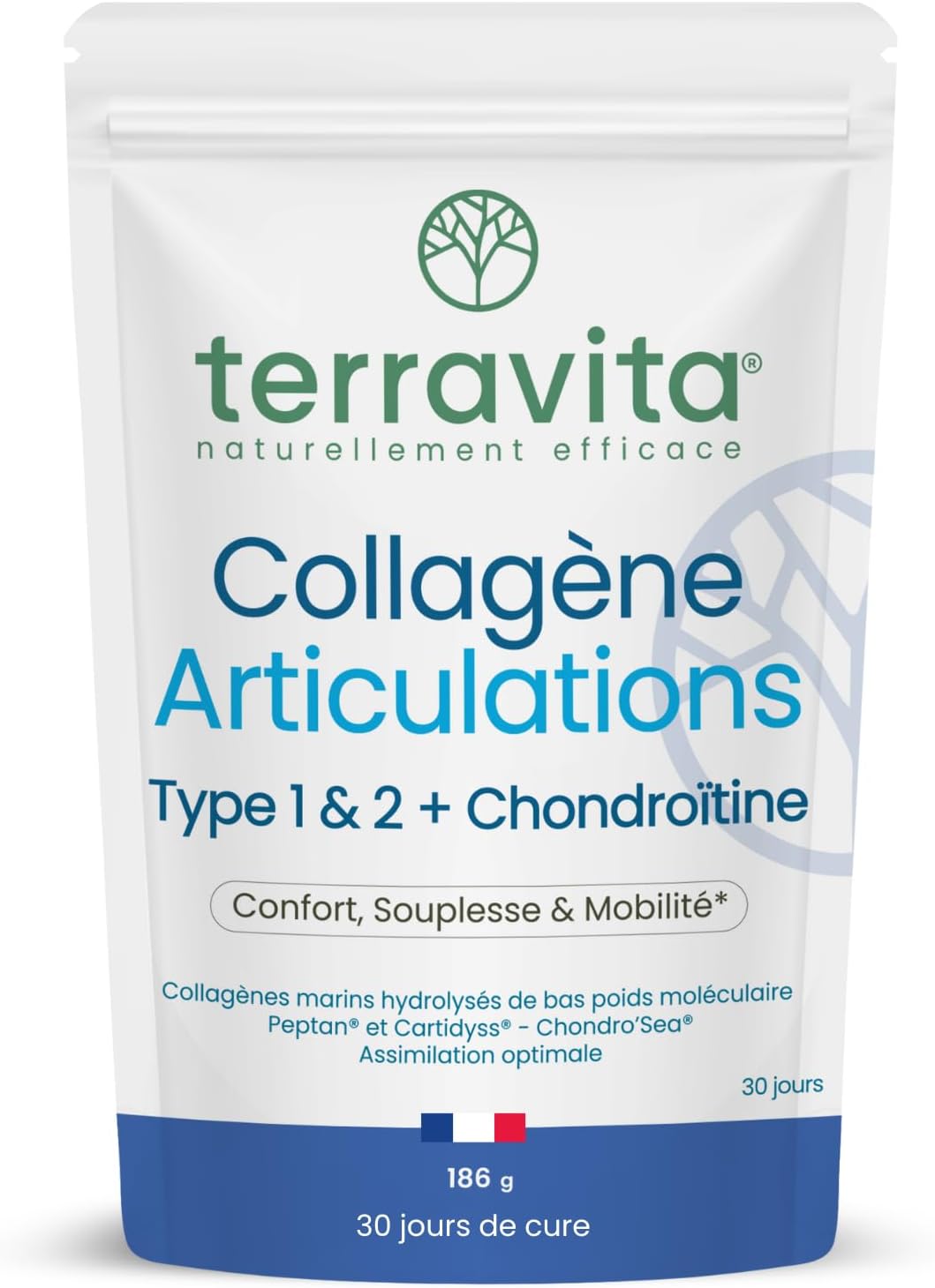 Collagen Joints Powder | Peptan & Cartidyss Marine Collagen Peptides Types 1 and 2 + Chondro’Sea Chondroitin + Vitamin C | 30 Days of Cure | Made in France | Terravita