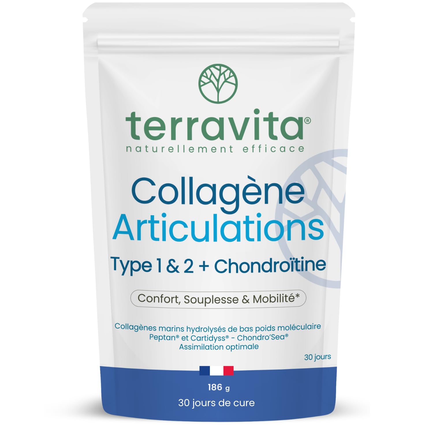 Collagène Articulations en Poudre | Peptides de Collagène Marin Peptan® & Cartidyss® Types 1 et 2 + Chondroïtine Chondro’Sea® + Vitamine C | 30 Jours de Cure | Made in France | Terravita