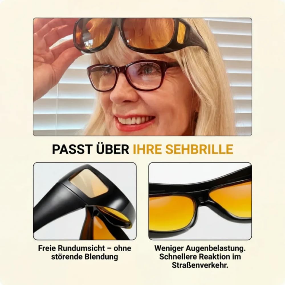 Blendschutzbrille Noxia Vision,Polarisierte, blendfreie Nachtfahrbrille für Herren und Damen - UV Schutz, leicht, mit Gelbfilter & Seitenschildern, Überbrille für Sehhilfen