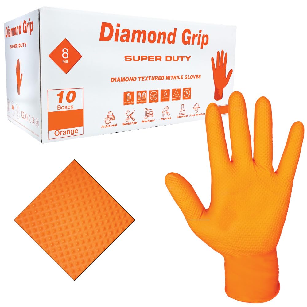 Heavy Duty Industrial Orange Nitrile Gloves with Raised Diamond Texture, 8-mil, Latex Free, Powder Free