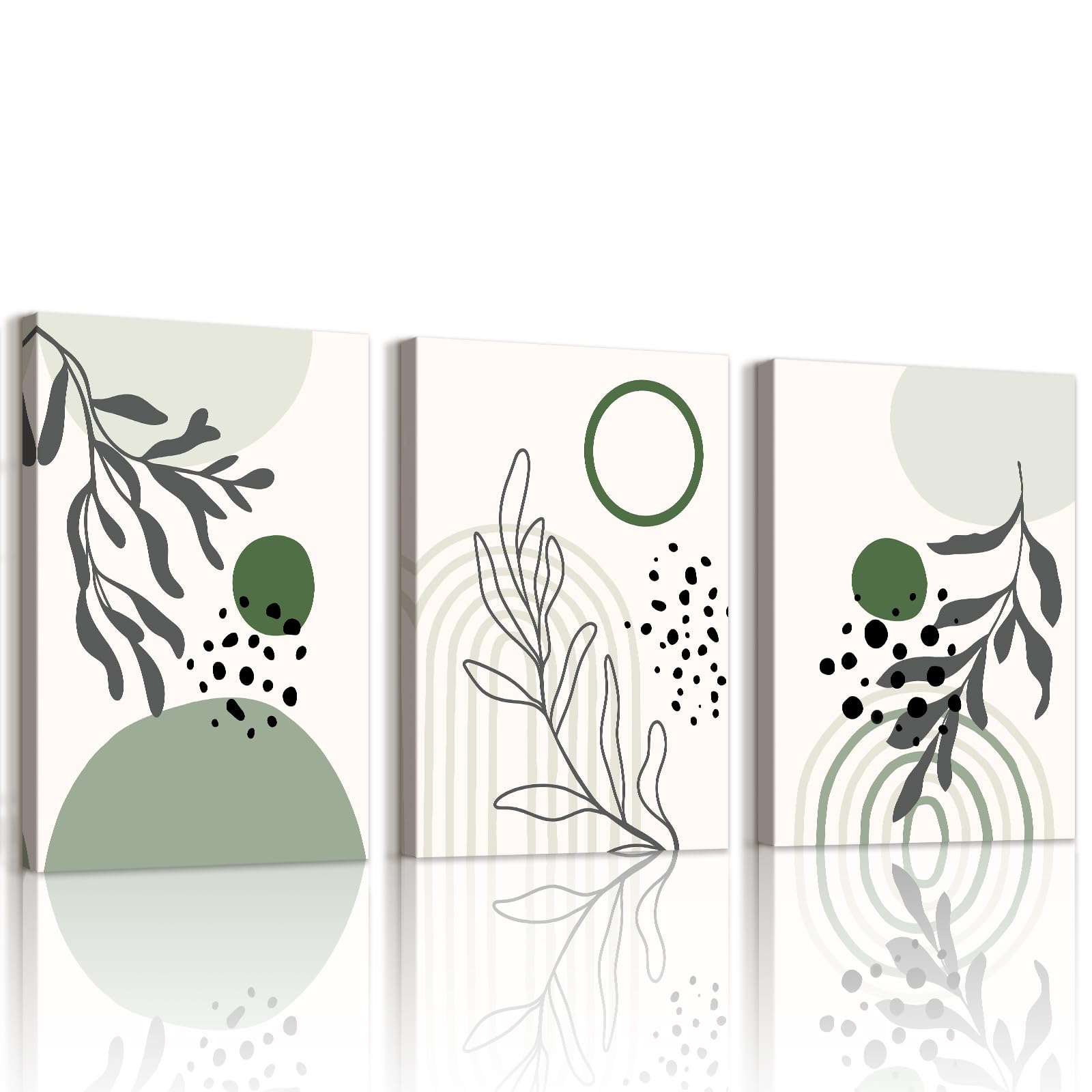 WENGTIAO Set of 3 Sage Green Geometric Abstract Canvas Wall Art Framed Pictures, Minimalist Botanical Prints Painting on Canvas, Modern Wall Decoration for Living Room Bedroom Home Decor 30x40cmx3