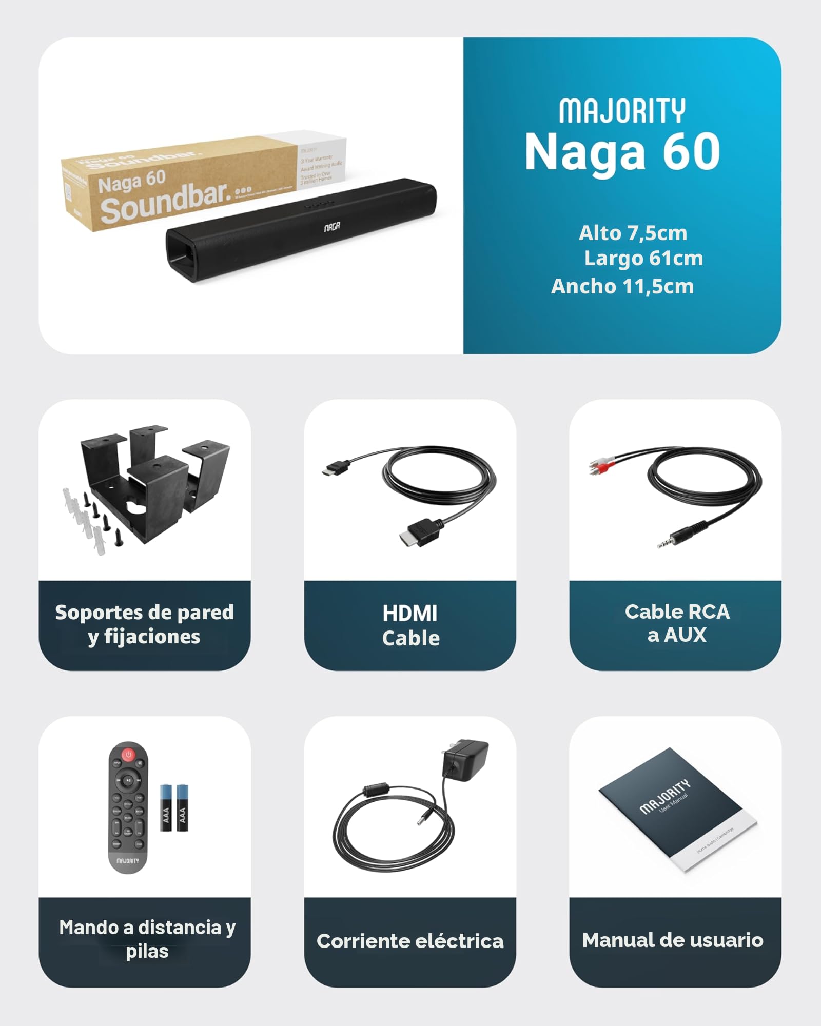 MAJORITY Naga 60 Barra de Sonido TV | Soundbar Bluetooth | 120W Altavoces para TV | 2.1 Home Cinema | Barras de Sonido con HMDI ARC | Sound Bar Montaje en Pared | Home Theater Altavoz Smart TV