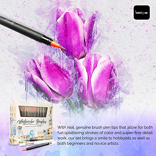 Intriom 22594 Watercolor Brush Pens Assorted Set Colored 49 + 3 Watercolor Brush Pens +8 Watercolor Paper Complete Art Supply Coloring & Inking Markers W/Real Brush Tips & Carrying Case Nontoxic thumb #3