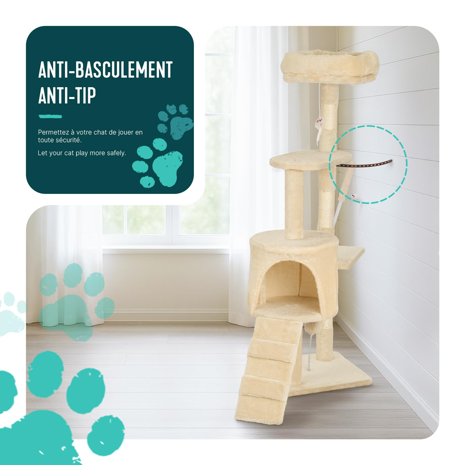 VOUNOT® Árbol Rascador para Gatos Altura 112 cm, Torre de Gatos Multiniveles, Rascador de Escalada Estable para Felinos Mascotas con Juguetes Postes de Sisal Plataformas Cueva Pelota, Beige