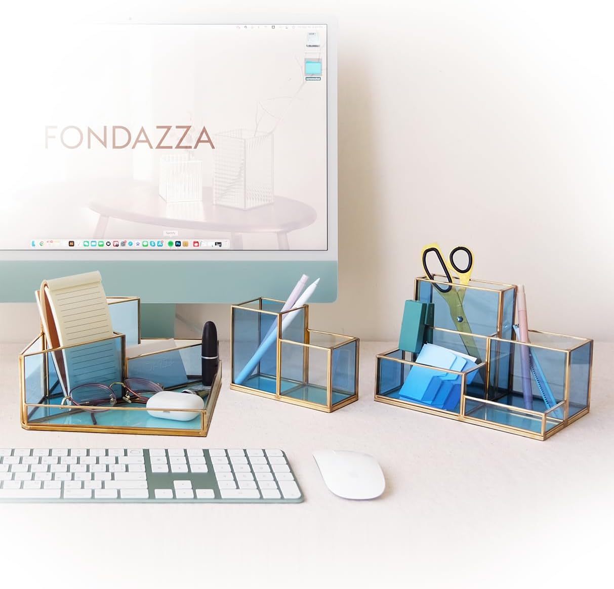 FONDAZZA Set of 3 Gold Desk Organizers for Home Office Supplies, Gold Brass and Blue Glass, 1 Each of 5, 4 & 2-Compartment Storage for Stationery, Cosmetic, makeup tools and Brush.