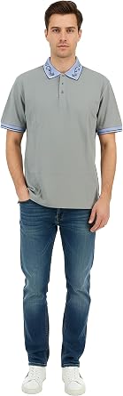 VERSACE JEANS COUTURE Ice Grey Mens Polo Shirt with Baroque Collar Detail