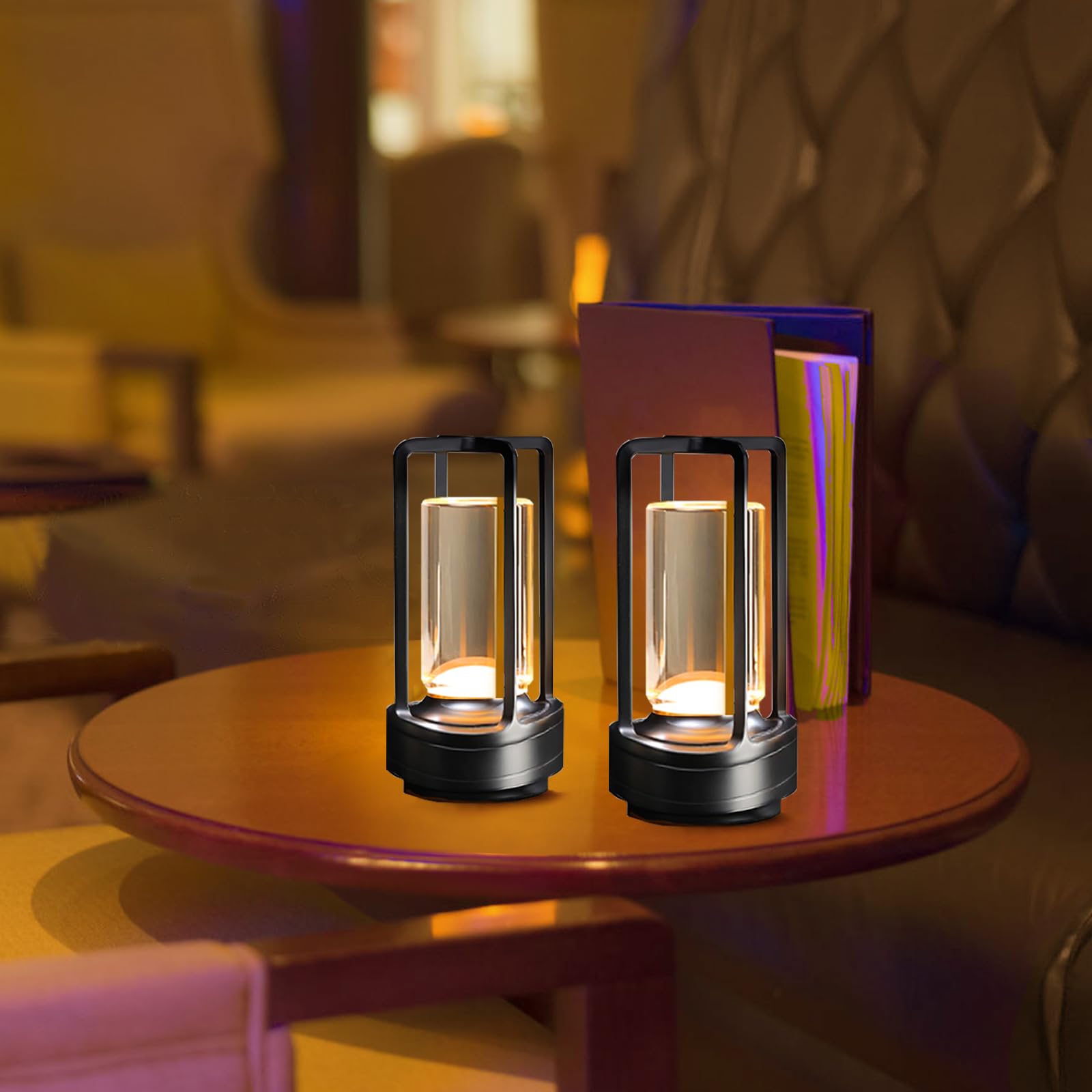 Kipliko Cordless Table Lamp with Touch Sensor,Crystal Lantern Lamp,Set of 2,Rechargeable Cordless LED Lamp,3 Color Stepless Dimming Touch,Desk Lamp