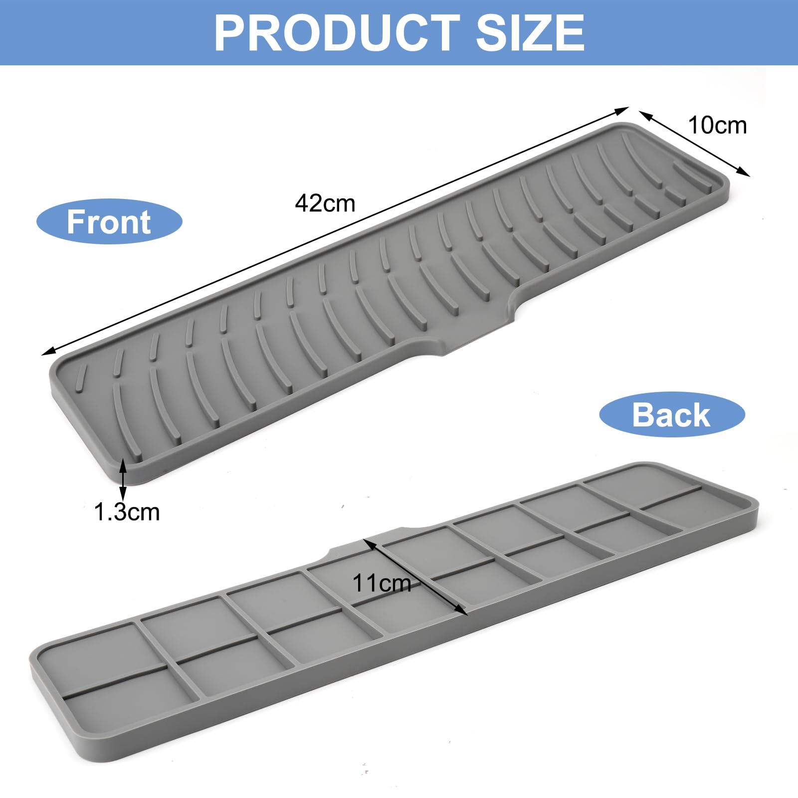 HENGBIRD Tapis Égouttoir Évier Silicone 42x10 Cm - Tapis Robinet Antidérapant Et Anti-Éclaboussures Gris