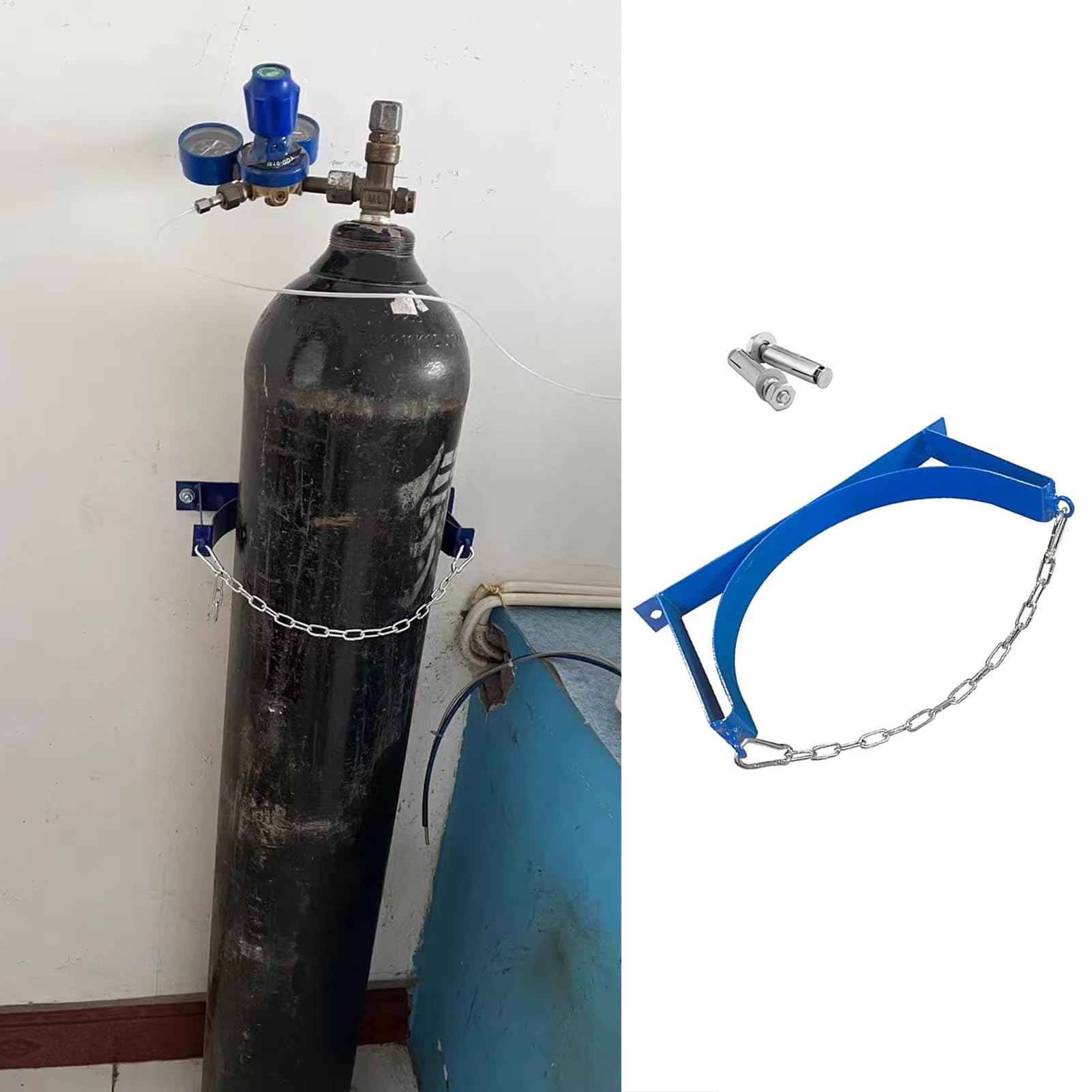 Soporte de pared duradero con cadena de fijación para un almacenamiento seguro de propano y cilindro de CO2