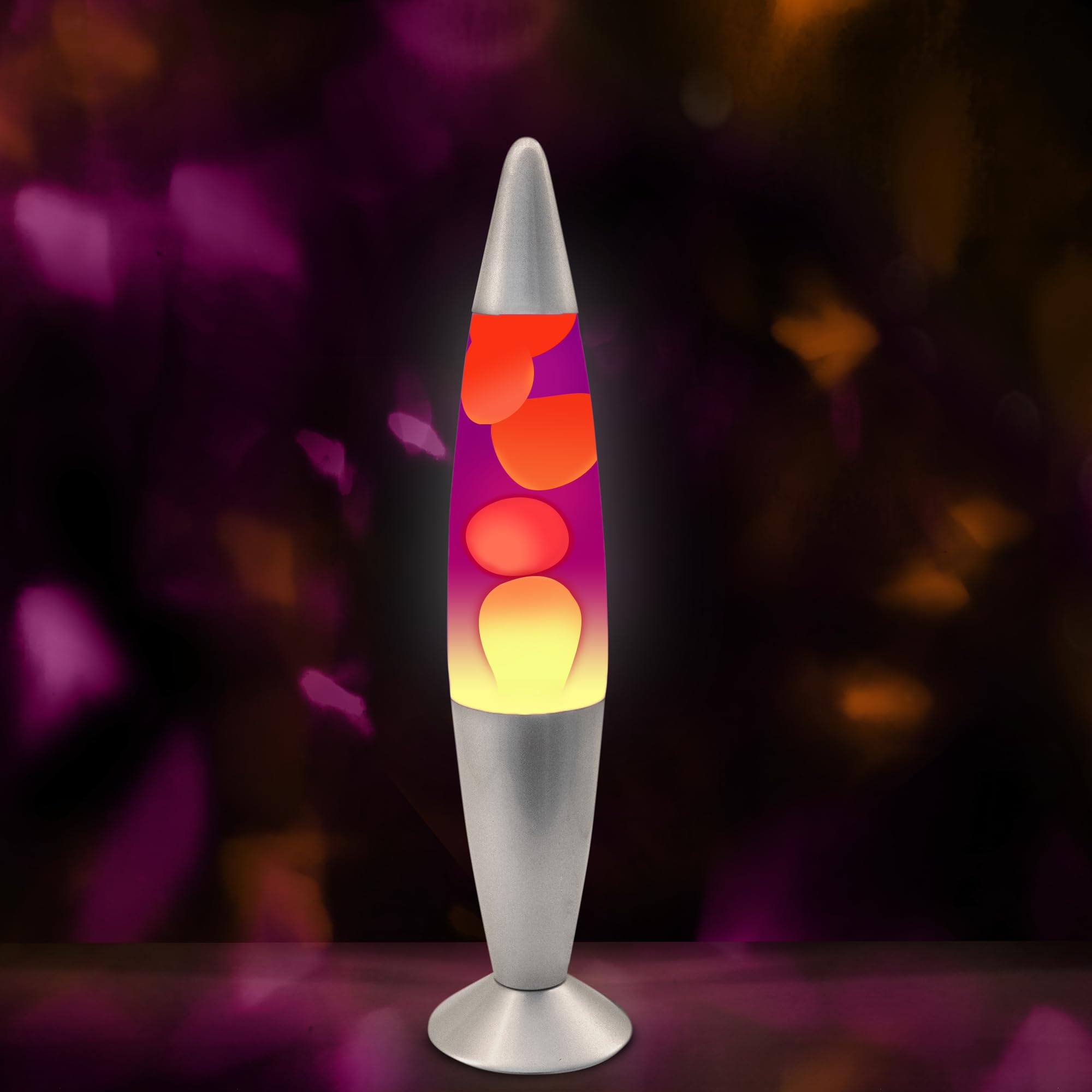 Jambo Lampe à mouvement liquide 16" – Pourpre avec cire jaune/orange – Lampe décorative relaxante pour salon, bureau, chambre