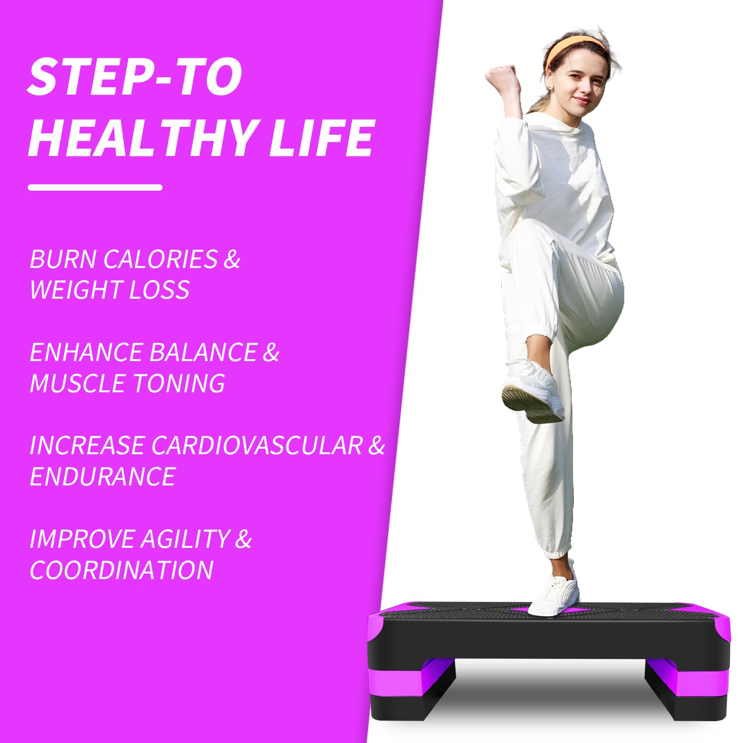 Fitness-Trittbrett, Aerobic-Stepper, 27-Zoll-Trittplatte, verstellbare Höhe (10 CM / 4 Zoll, 15 CM / 6 Zoll, 20CM / 8 Zoll), praktisch zu verstauen, Violett (LILA)