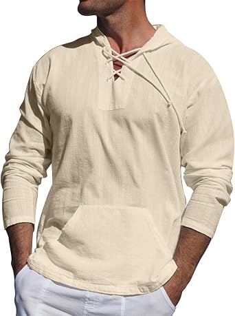 Mmoneyake Mens Linen Beach Hoodie Lace-Up V-Neck Long Sleeve T-Shirt Lightweight Sweatshirts Pullover Summer Hippie Shirts