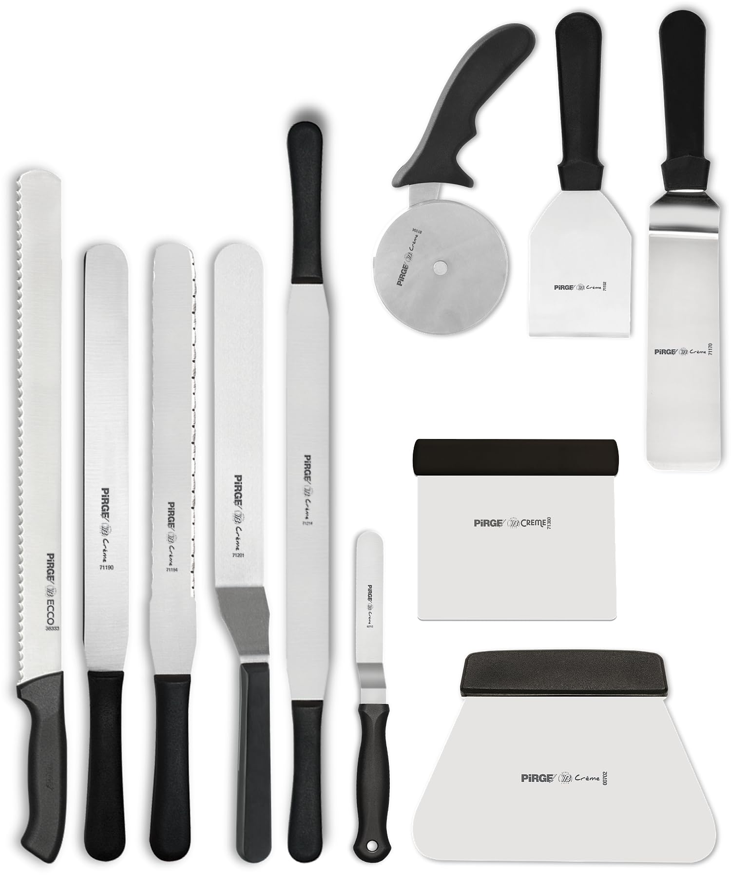 Pirge Backwaren Werkzeug Set - 11 TLG Edelstahl Set für Konditoreien und Bäckereien - Tortenmesser, Winkelpaletten, Teigschaber, Pizzaschneider und mehr, Ergonomischer Griff