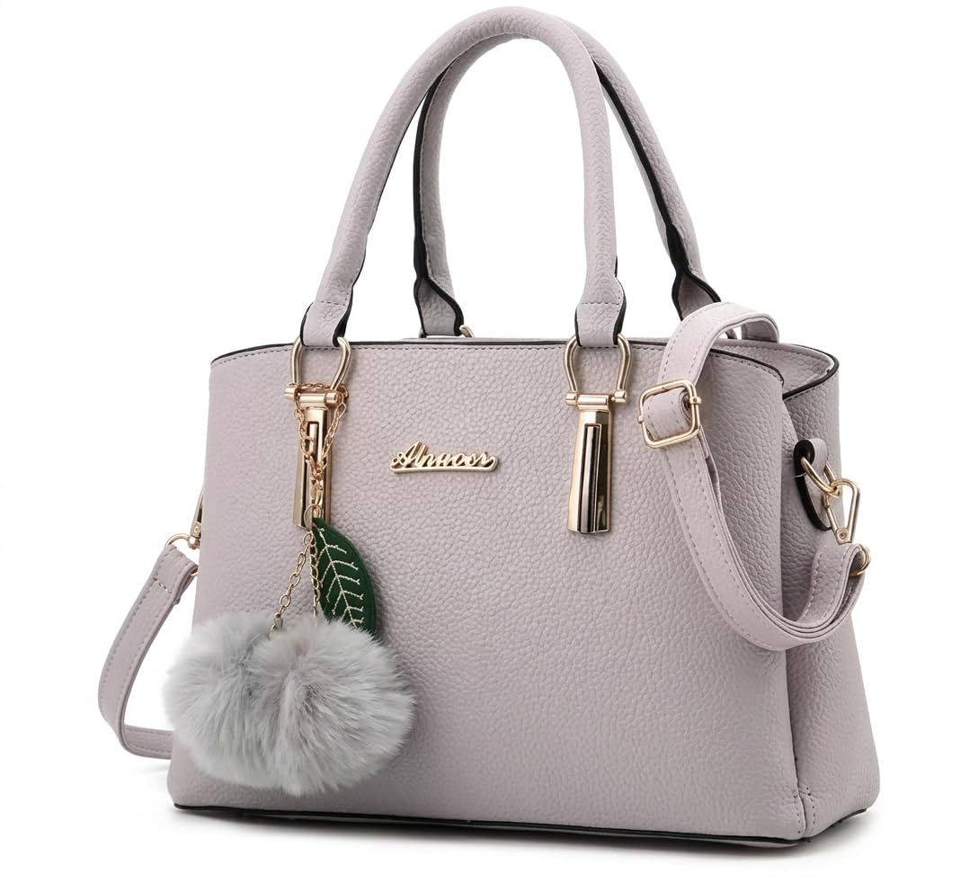 Women's Classic Grey Handbag with Pom-Pom Keychain and Golden Handle Lock-image-37