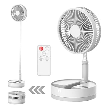 Foldable Fan Foldaway Oscillating with Remote Control, 7200mAh Rechargeable Battery Operated Portable Standing Fan for Camping, 4 Speed, Timer, Height Adjustment for Travel , Outdoor, Home (White)