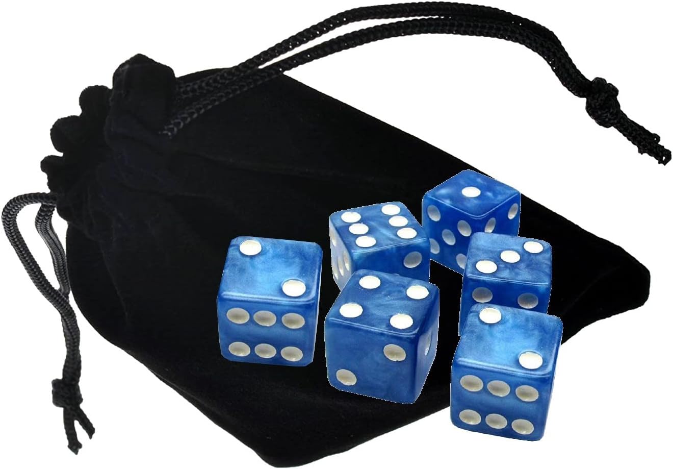 Set of (6) 16mm D6 Dice Marbleized Standard Squared Corners ... Plus Black Velvet Cloth Pouch Bag (Gold)