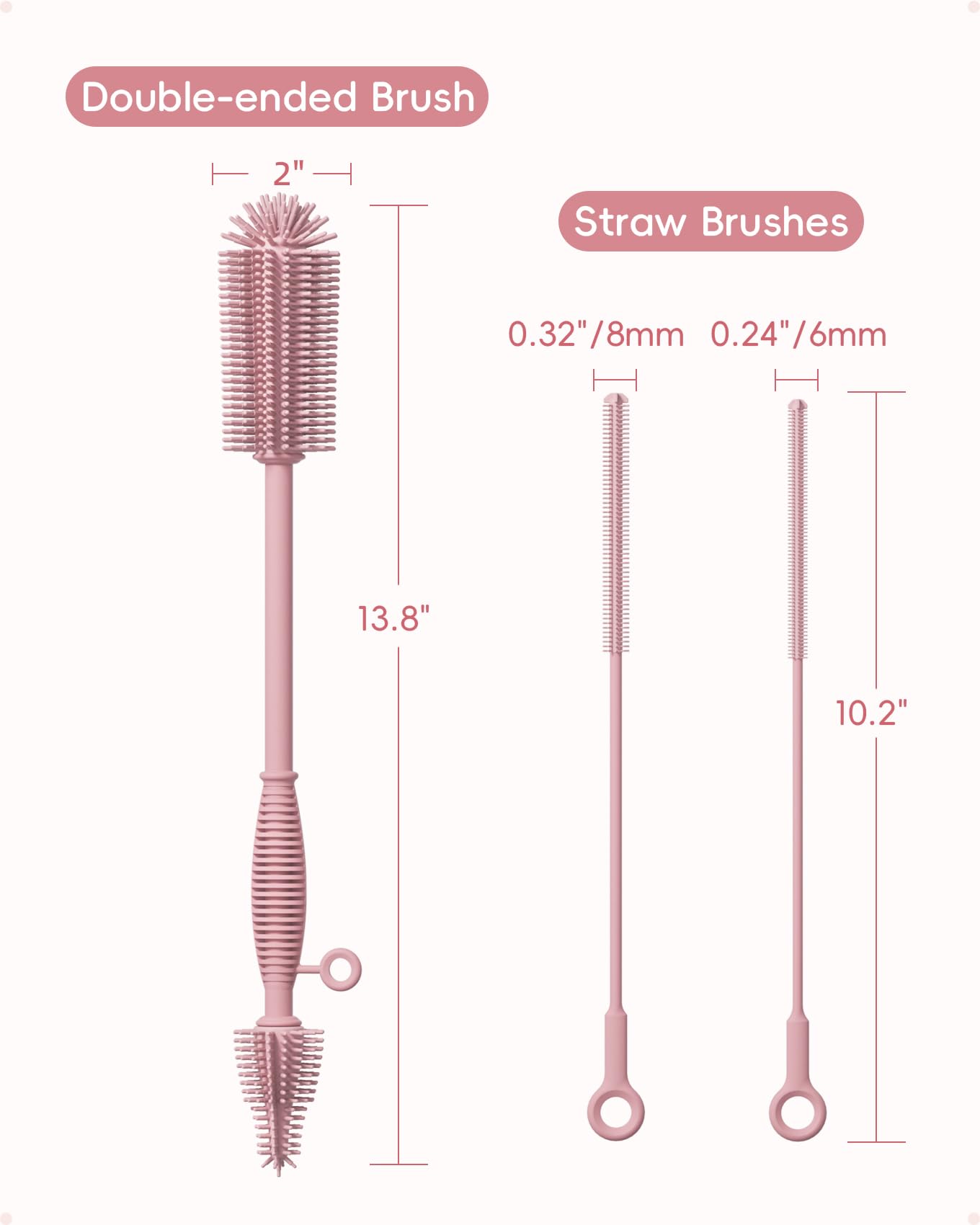 Flaschenbürste und Strohhalm-Reiniger-Bürsten-Set, extra langer doppelseitiger weicher Silikonbürstenreiniger für Babyflaschen, Wasserflaschen, Tassen, Milchpumpen, abnehmbar & zum Aufhängen