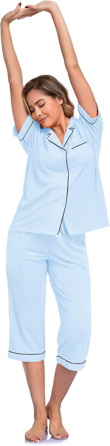 COLORFULLEAF Womens Cotton Pajama Sets Short Sleeve Button Down Sleepwear Summer Capri Pants Pjs with Pockets - Image 6