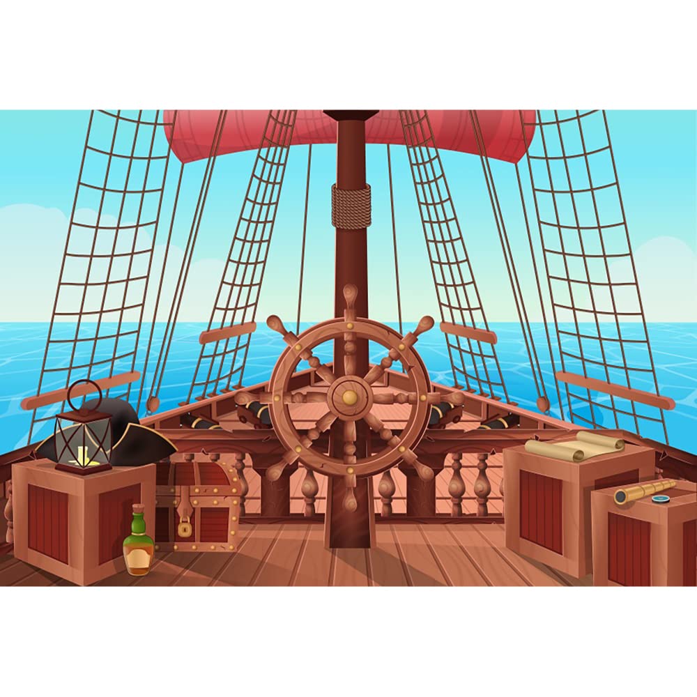 Aoihrraan 2,2x1,5m Dibujos Animados Pirata Barco FondoBote Timón Madera Cubierta Caja Azul Mar Vela Fotografía FondoNiño Niño Cumpleaños Aventura Tema Fiesta Bebé Ducha Niños Retrato Foto Accesorios