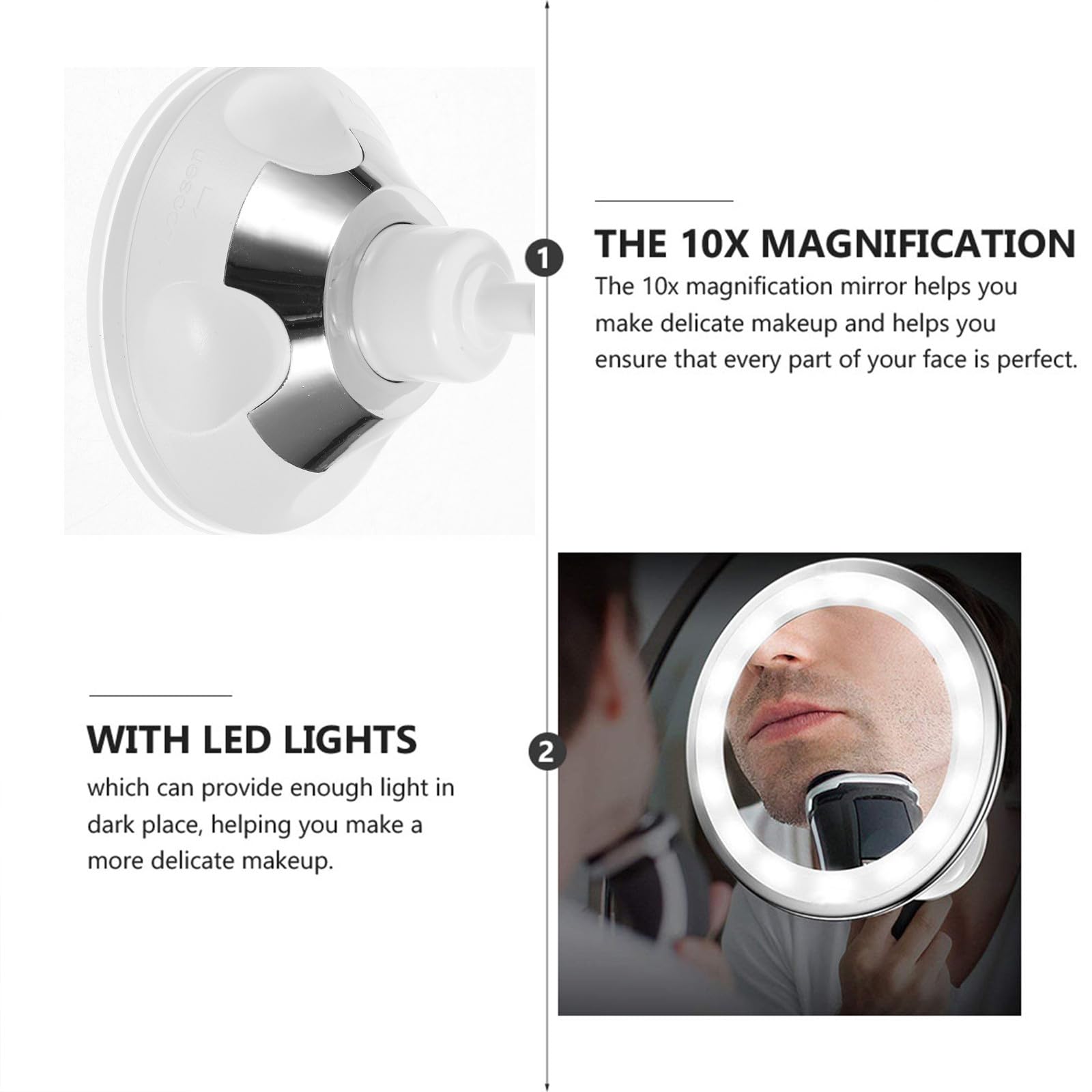 POPETPOP Espejo de Maquillaje LED Luz 10X Aumento Espejo Giratorio 360° Ventosa para Tocador Portátil para Maquillaje y Cuidado Personal