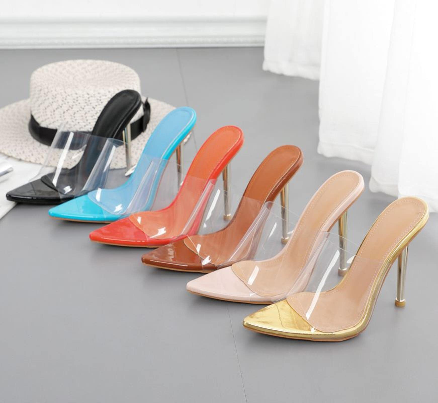 Pantofole da donna a punta in PVC trasparente pantofole da donna tacchi dorati scarpe da donna estive tacco in metallo per feste tacchi alti