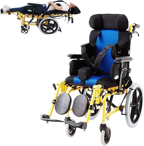 YANGPING - Silla de ruedas pediátrica, diseño reclinable con escritorio abatible y reposapiernas elevadores, silla de ruedas manual para niños,