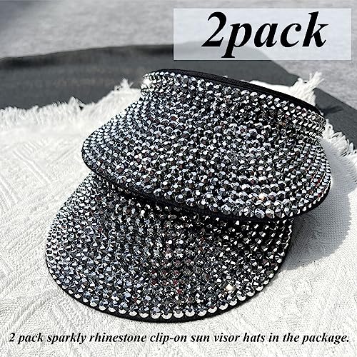 Kejea 2 Pack Shiny Rhinestones Sun Visors Hats Women Men Clip On Visor Hat Crystal Studded Outdoor Sports Golf Travel Caps Sliver thumb #1