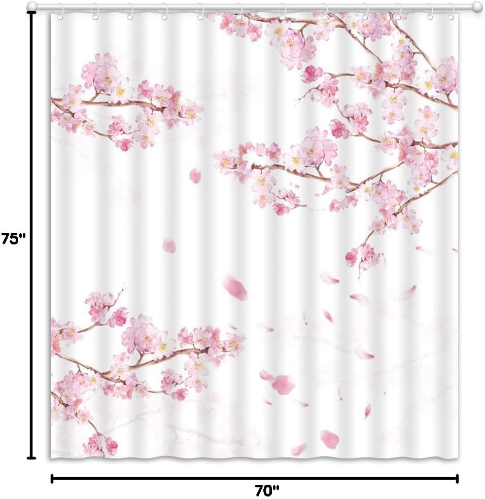Cherry Blossom Shower Curtain Plum Asian Japanese Chinese Aesthetic Landscape Fabric Bathroom Decor Curtains with Hooks, 70" Wx75 H