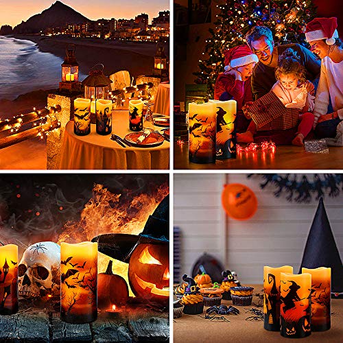 Halloween Flickering Flameless Candles - Battery Operated LED Real Wax Candles with 6 Hours Timer - Bats, Castle, Witch LED Flickering Candles for Halloween Christmas Wedding Party Decor, Pack of 3