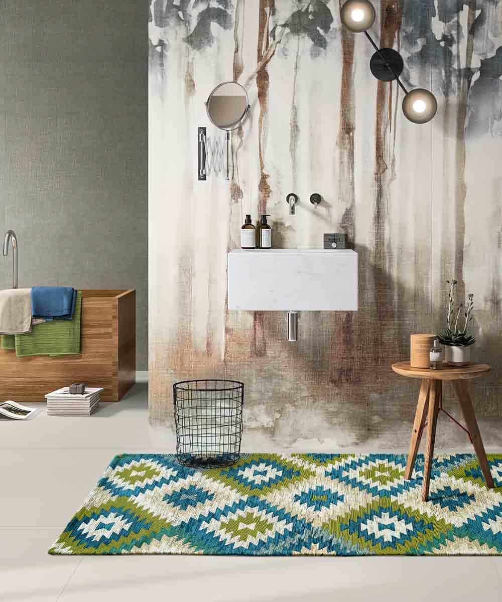 Coppia tappeti moderni AVANA VERDE BLU geometrico etnico kilim, passatoie arredo camera matrimoniale scendiletto lavabili anti-scivolo cm.65x110 (Coppia)