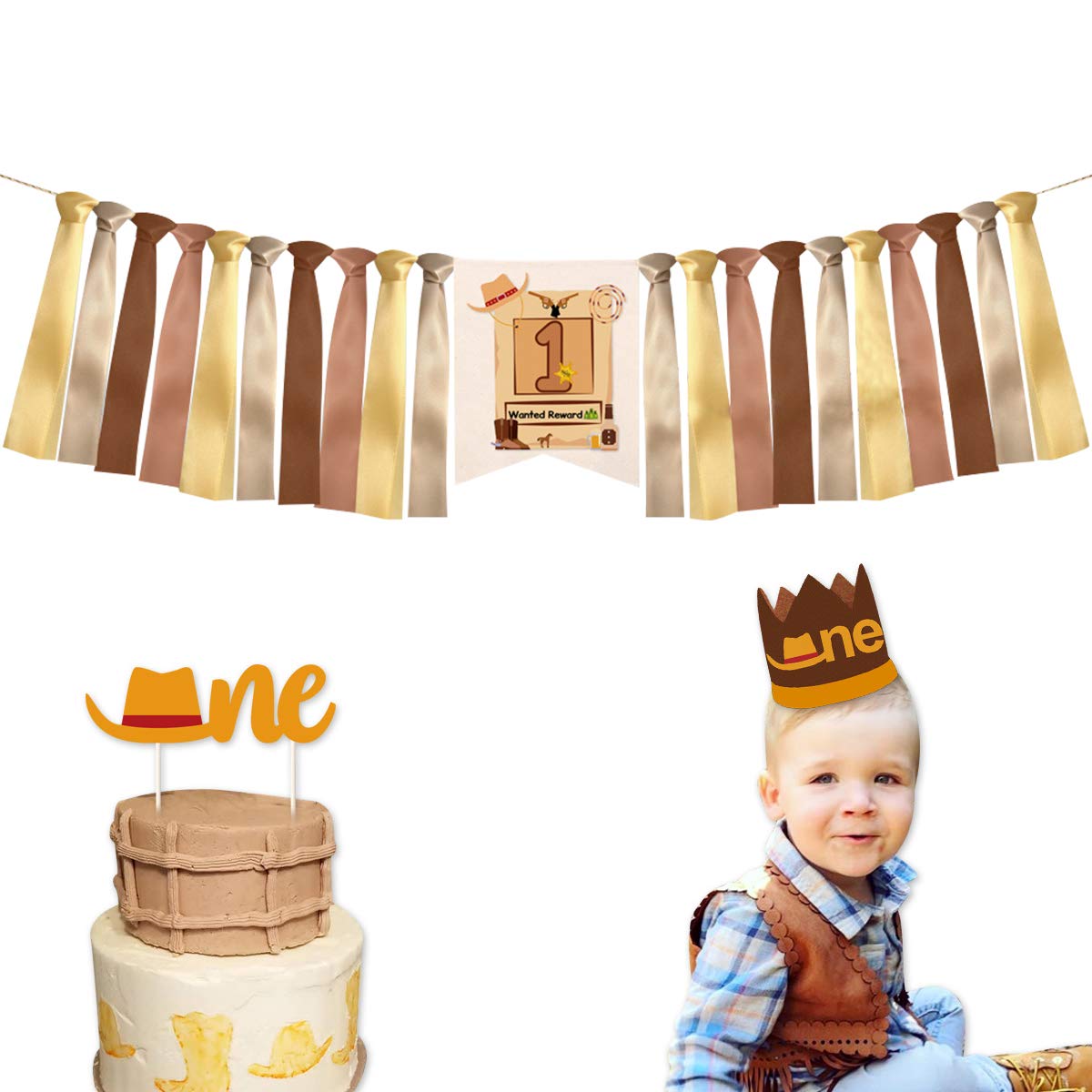 Wild West カウボーイ ハイチェアバナー デコレーションキット 流行に 誕生日パーティー用品 ベビーシャワー ウェスタンカウボーイテーマ クラウンハット ケーキトッパー 1歳の誕生日