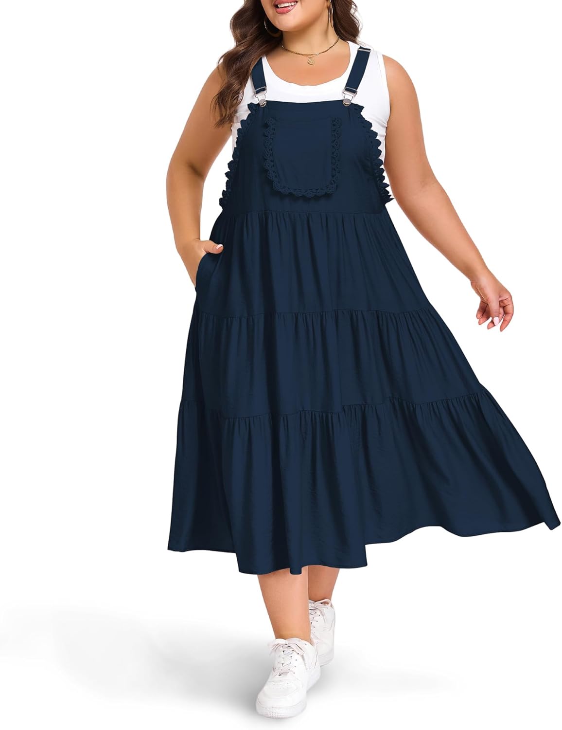 Moon Wood Plus Size Overall Dress for Women Casual Bib Jumper Dress with Pockets Adjustable Straps Suspender Maxi Dress