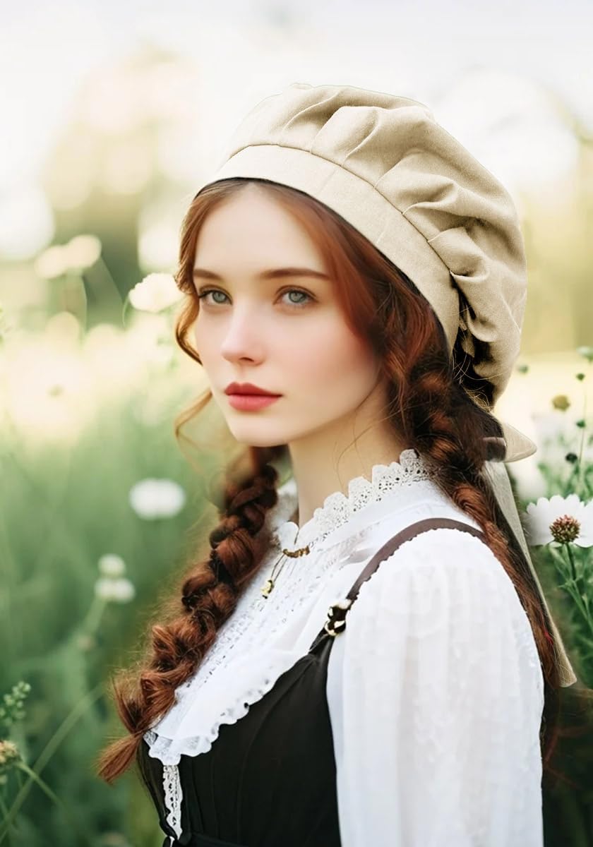 PROCOS Medieval Bonnet Cap Linen Womens Colonial Amish Peasant Mob Hat Headwear Cosplay Costume - Image 5
