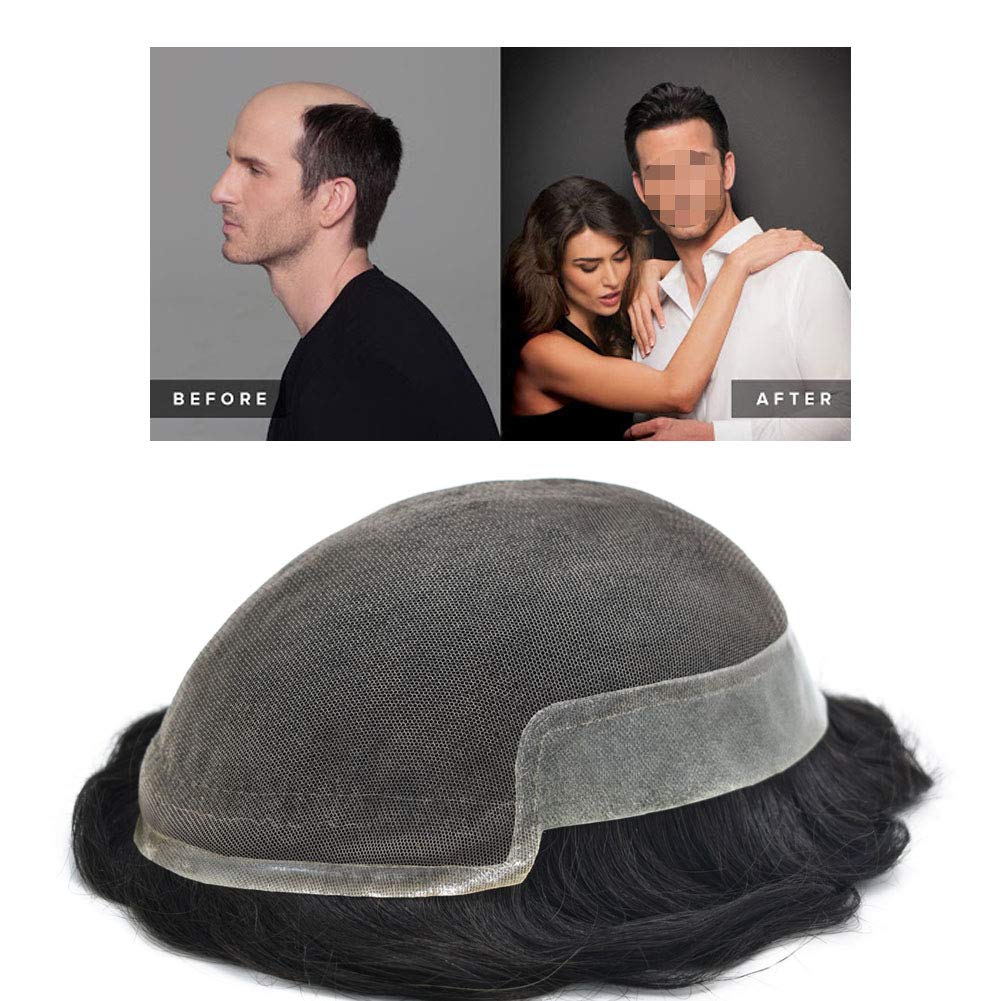 French Lace Mens Toupee Hairpieces Poly Skin Natural Hairline Human Hair Replacement System Wig US (8"*10", 1B40# 1B# Off Black+40% Sythetic Grey-100% Light to Medium Density)