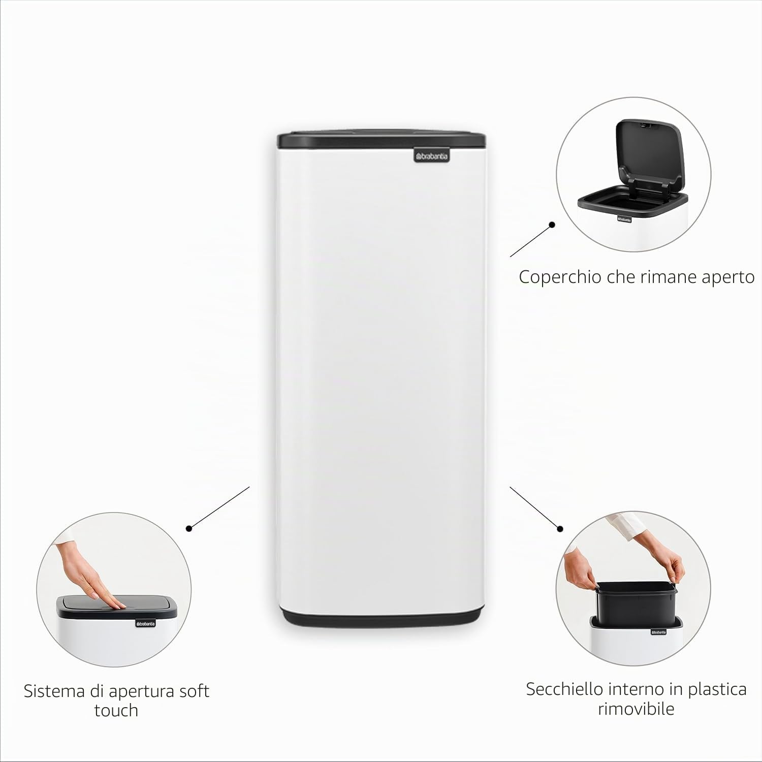 Brabantia Bo Touch Bin 30L (Matt Black), Pattumiera rettangolare salvaspazio, Cestino con apertura soft touch, Secchio spazzatura con secchio interno rimovibile e sacchetti PerfectFit inclusi