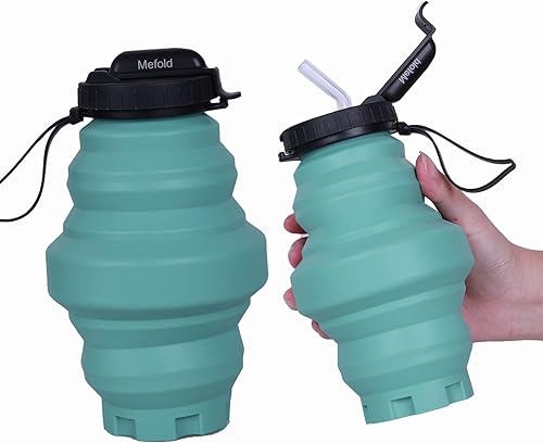 Mefold Botella de agua plegable de 18.6 fl oz, botella de agua de viaje de silicona plegable de 18.6 fl oz con popote y correa a prueba de fugas,