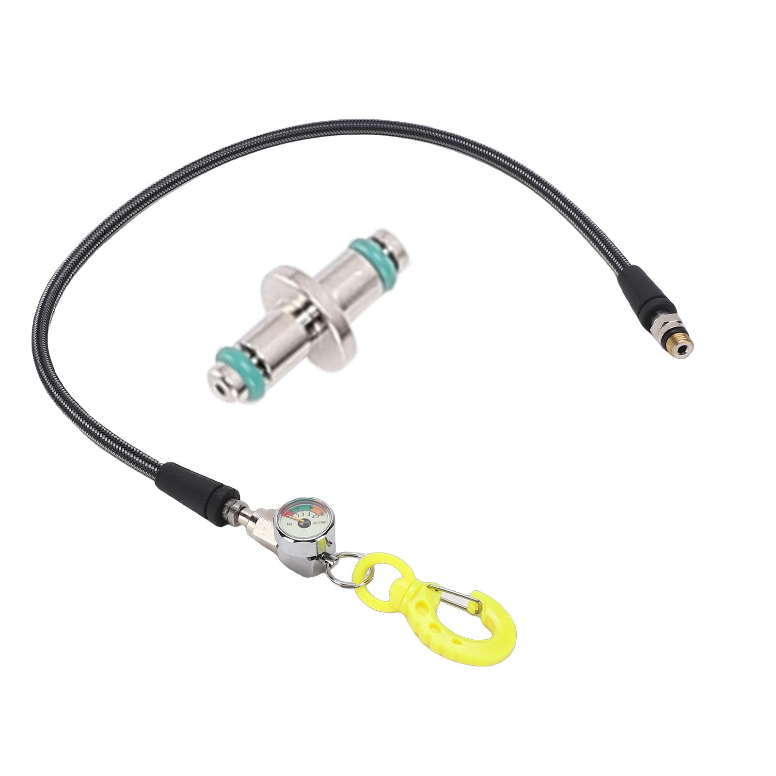 Medidor de Presión de Aire Sumergible con Manguera |Esfera Luminosa, Chaqueta de Fibra de Carbono, Gancho BCD para Equipo de Buceo (65CM)