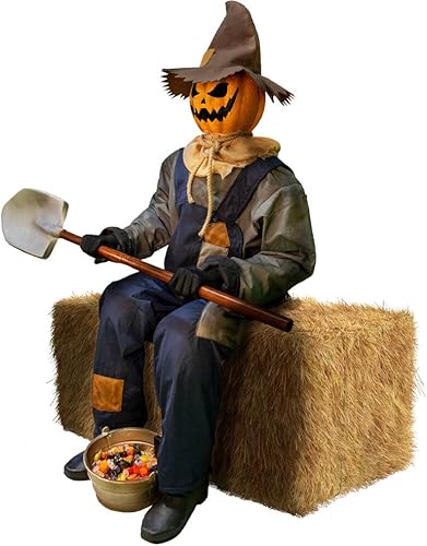 Miniatura 10 de Haunted Hill Farm Tekky - Sonriente activado por movimiento, el espantapájaros sentado con pala, juguete animatrónico de Halloween, con enchufe o