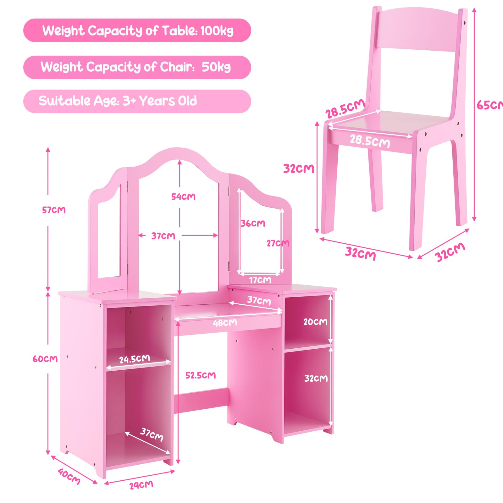 LIFEZEAL Tocador 2 en 1 para niña con Taburete 3+ años, Juego de tocador Infantil, Mesa de Maquillaje con 4 Compartimentos, Escritorio Infantil de Madera con Espejo extraíble y Plegable (Rosa)
