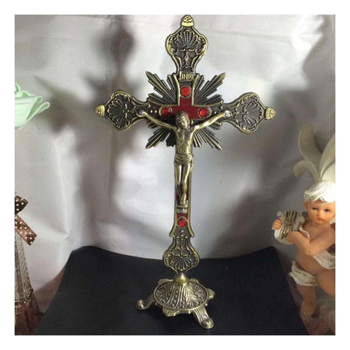 Homeilteds Copper Church Relics Figurines Crucifix Jesus Christ On The Stand Wall Cross Altar Home Chapel Decoration Gifts (Color : )