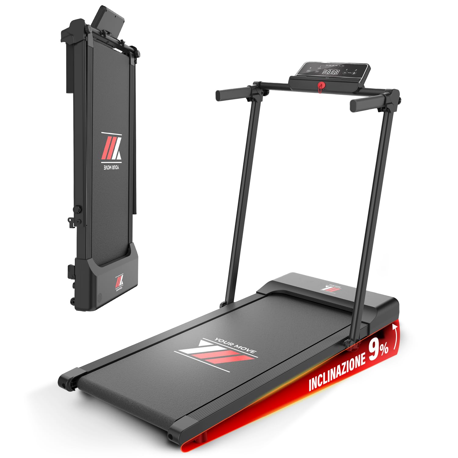 YM Tapis Roulant Salvaspazio 12 km/h, MARCHIO ITALIANO, Pieghevole, Elettrico, INCLINAZIONE, Telaio Rinforzato, Programmi, Nuovo Modello 2026, Your Move ASSISTENZA ITALIA