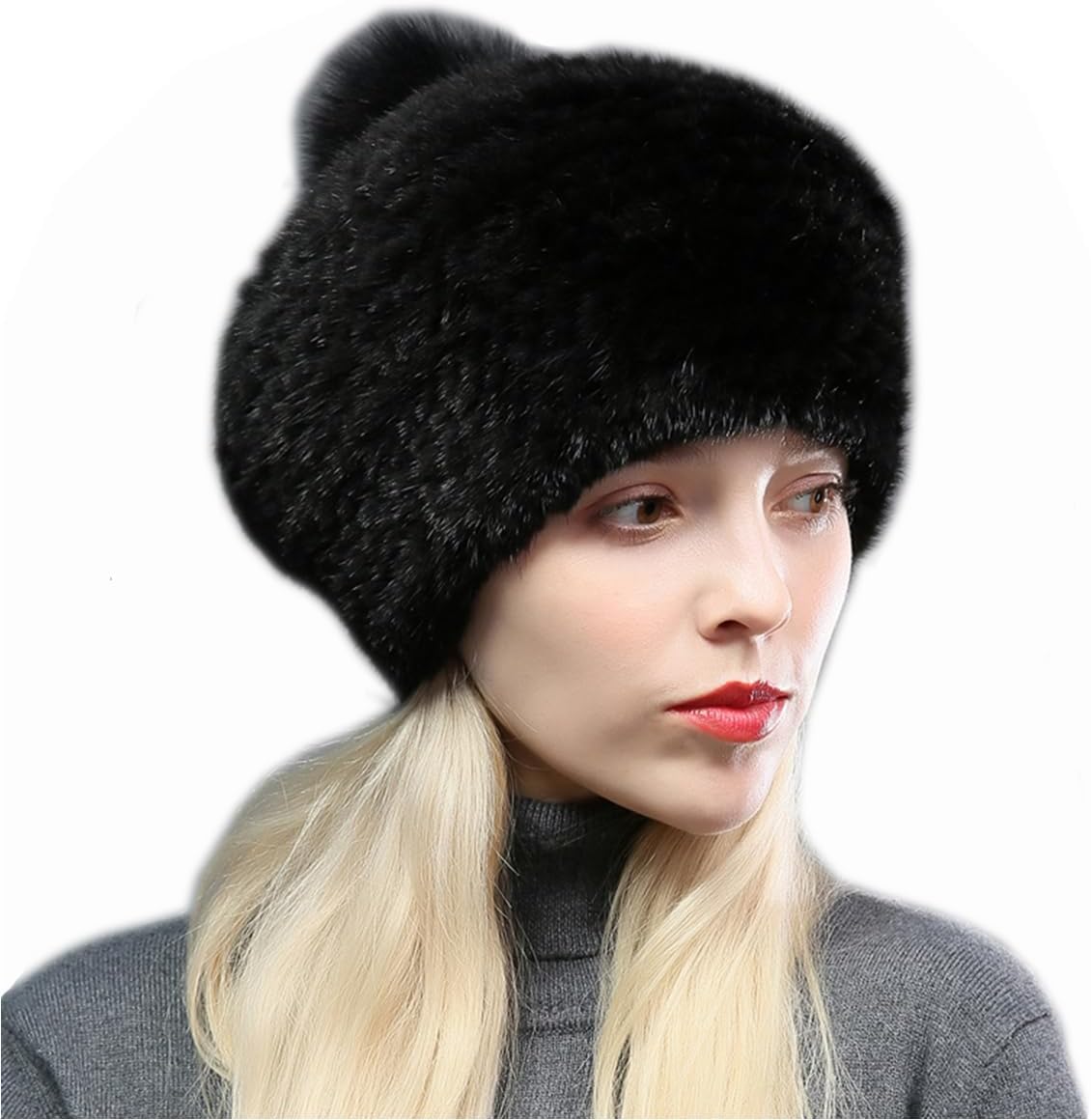 Women Knitted Hat Real Mink Hair Cap Girls Skullies Beanies Pompom Skiing Outdoor Fashion Party